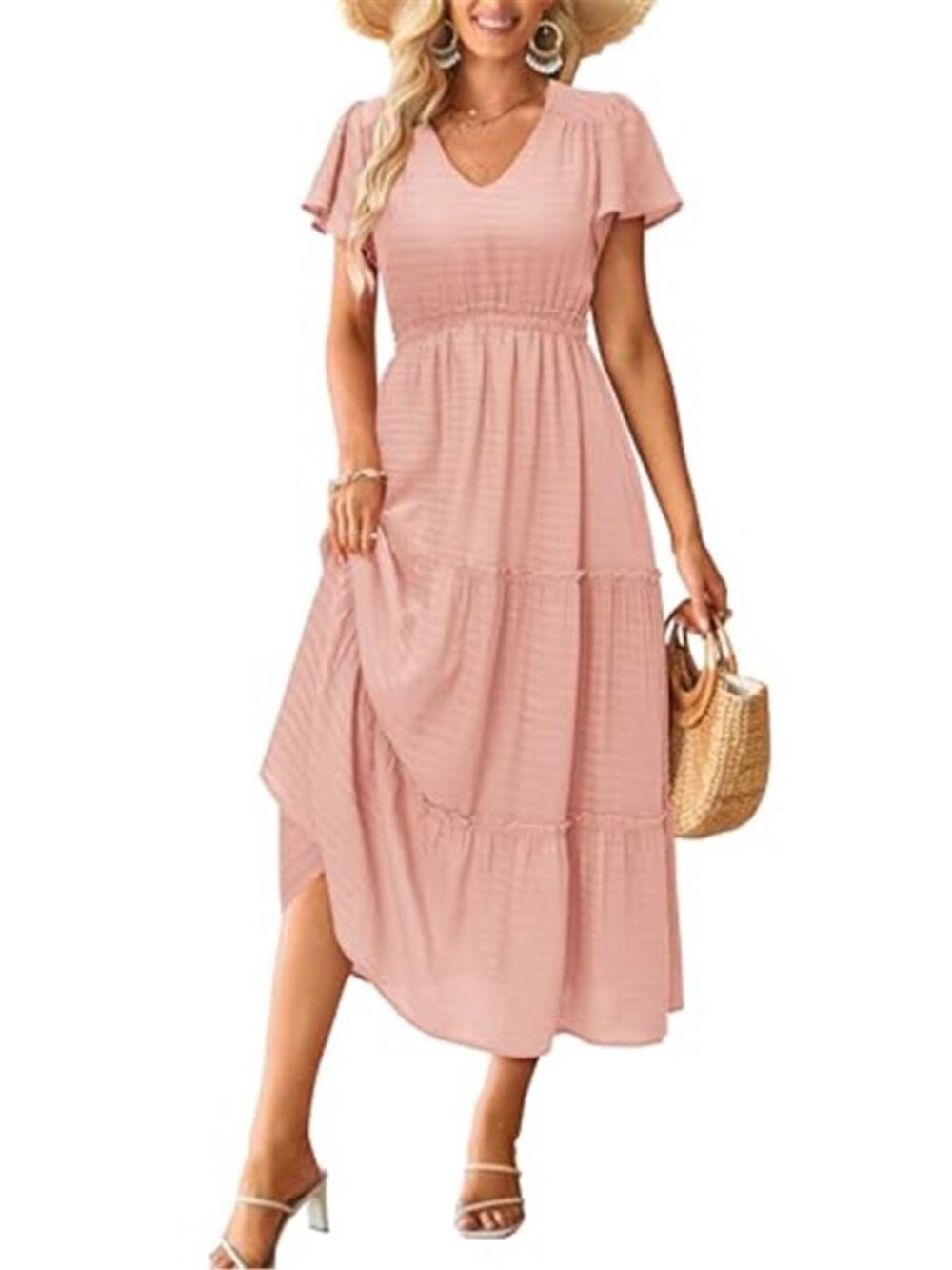VOTEPRETTY Blush Pink Boho Maxi Dress Flutter Sleeve V-Neck Tiered Dress